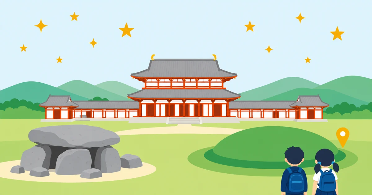 奈良盆地に建つ古代の宮殿と石舞台古墳・円墳を描いたフラットイラスト。世界遺産を示す星と、見上げる小学生