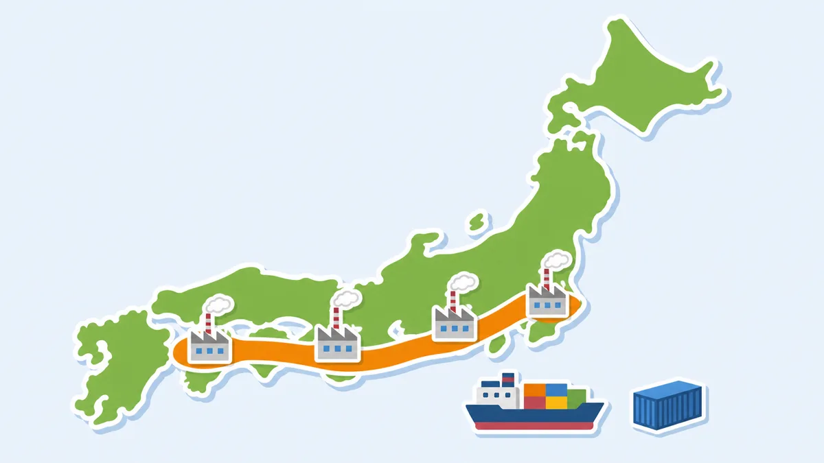 日本列島の太平洋側にオレンジの帯と工場アイコンが並ぶフラットイラスト