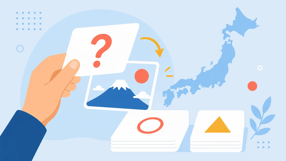 はてなマークのフラッシュカードをめくる手と、⭕と△に仕分けられたカードの山、日本地図のフラットイラスト