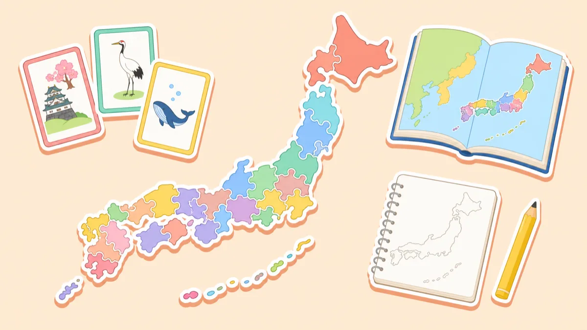 日本地図パズル・かるた・地図帳・白地図ノートが並ぶフラットイラスト