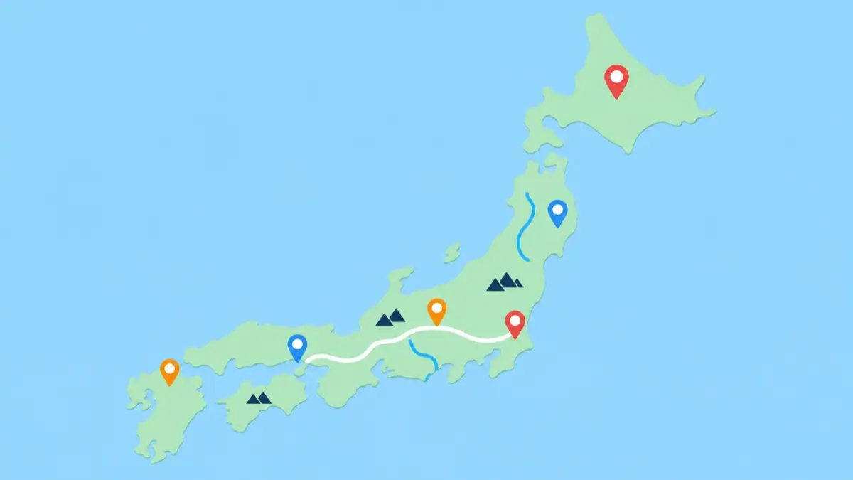 3D日本地図に新幹線の経路とマップピンが表示されたCHIZU QUESTのイメージ
