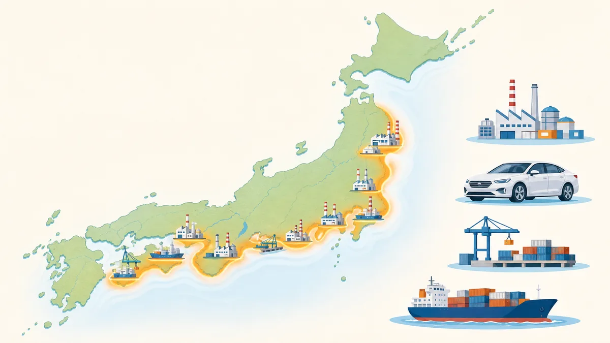 太平洋ベルトぞいに工場・自動車・貨物船のアイコンが並ぶ日本地図のフラットイラスト