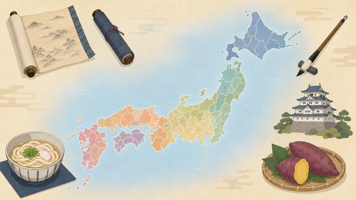 旧国名の境界を現在の都道府県に重ねた日本地図と、巻物・筆・讃岐うどんなどの名産アイコンのフラットイラスト