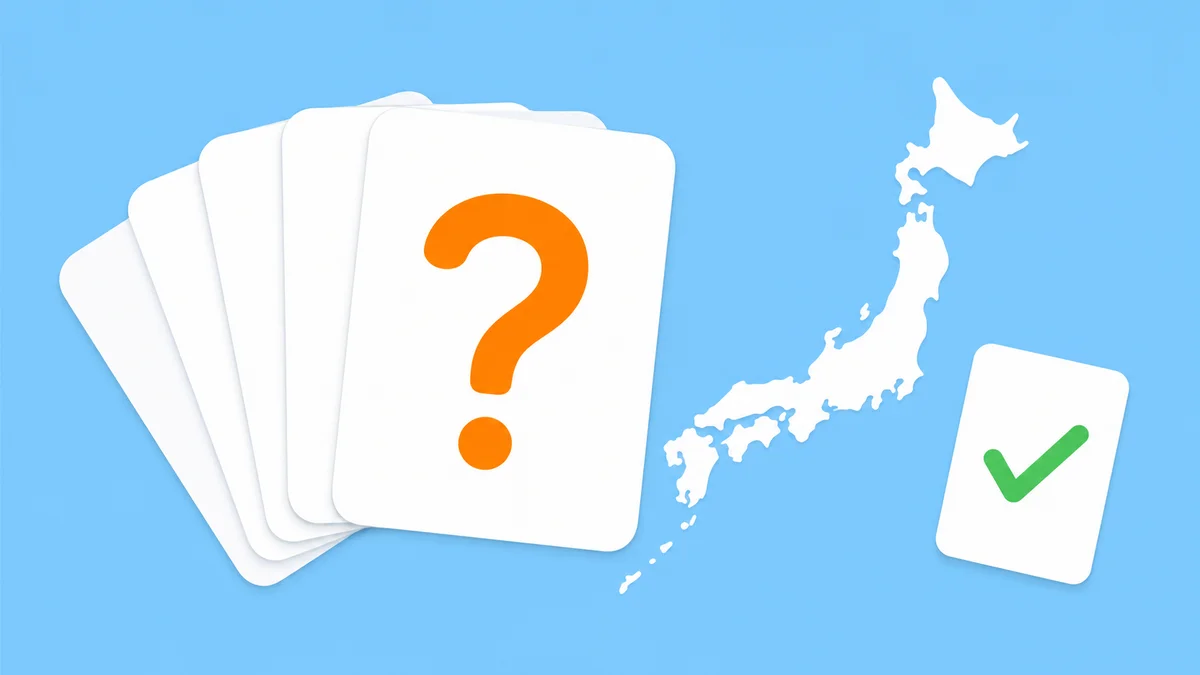 はてなマークのフラッシュカードと日本地図のフラットイラスト