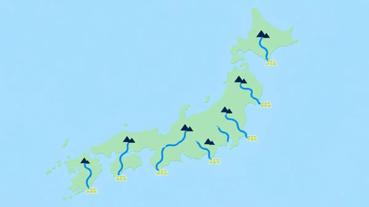 日本地図の上を流れる川のフラットイラスト