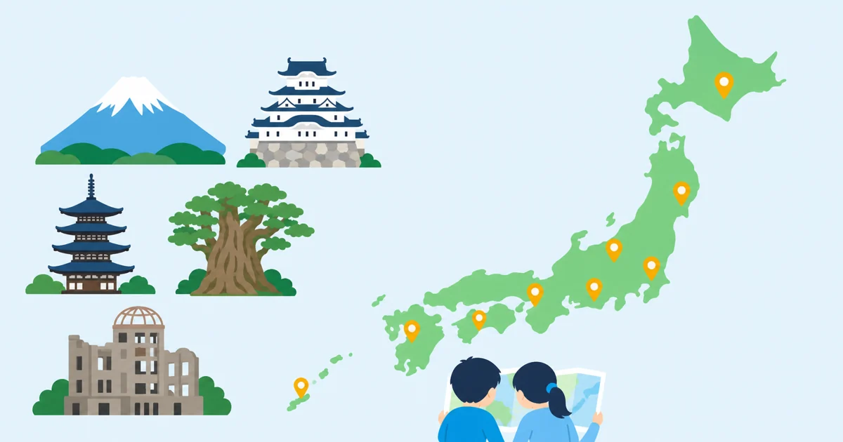 日本地図に世界遺産のピンが並び、富士山・姫路城・五重塔・屋久島の杉・原爆ドームのイラストを添えた図