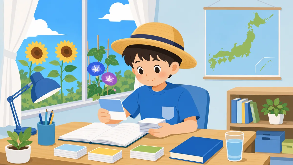 麦わら帽子の子どもが机でフラッシュカードを手に学習し、壁に日本地図、窓の外にひまわりとあさがおが見えるフラットイラスト