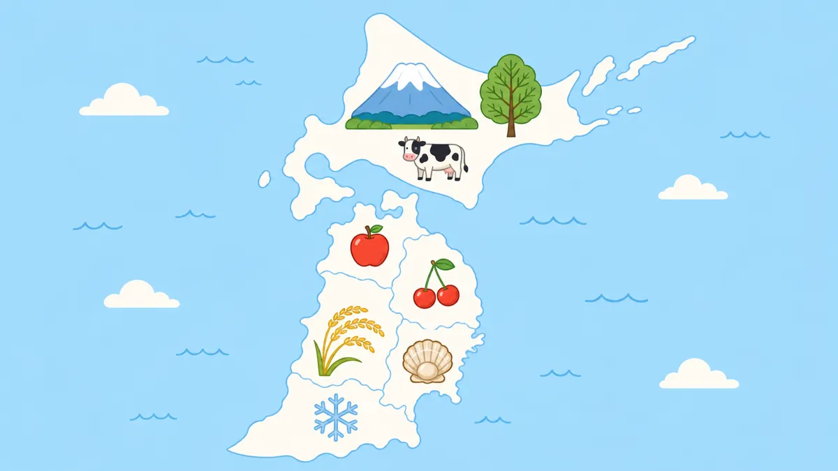 北海道と東北地方の地図に、雪山・りんご・さくらんぼ・稲穂・乳牛・ほたてなど名物のイラストが並ぶ