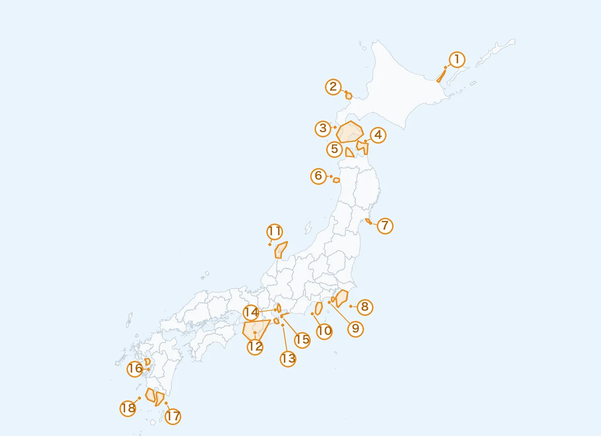 中学受験で覚える半島18の位置を番号で示した日本地図。番号は下の一覧表の順（北から南）に対応