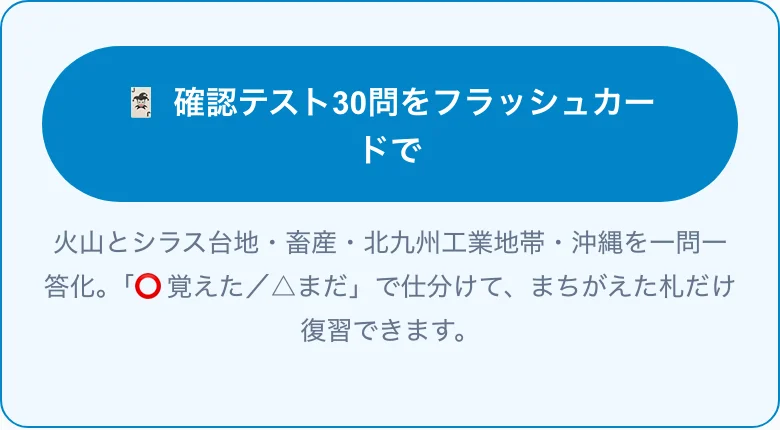 記事内のフラッシュカード起動ボタン。「確認テスト30問をフラッシュカードで」と書かれた青いボタン