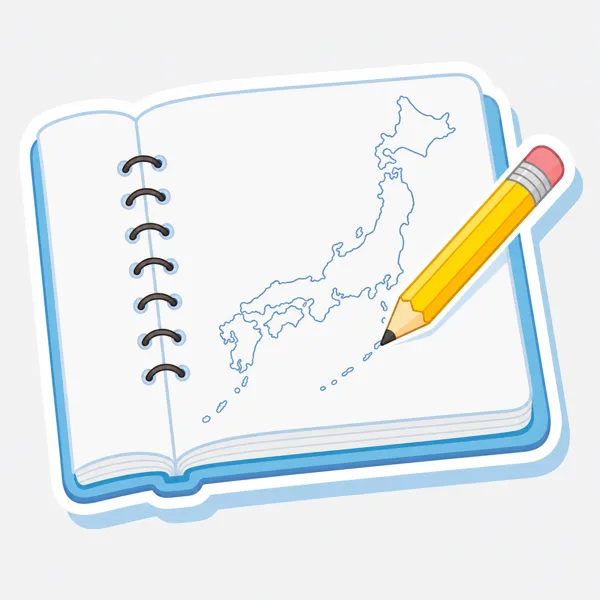 白地図ノートと鉛筆のイラスト。日本列島の輪郭だけのページ