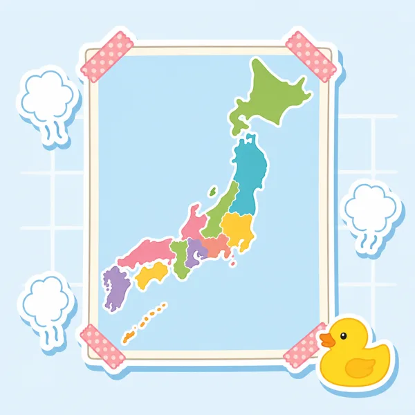 お風呂の壁に貼られた日本地図ポスターとアヒルのイラスト