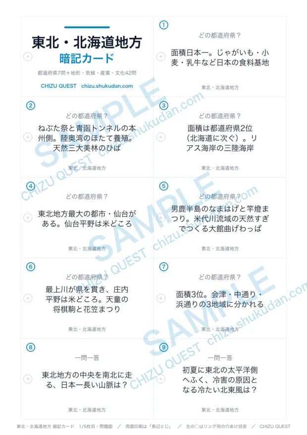 東北・北海道地方の暗記カードの問題面。A4に名刺サイズの説明文が10面ならぶ