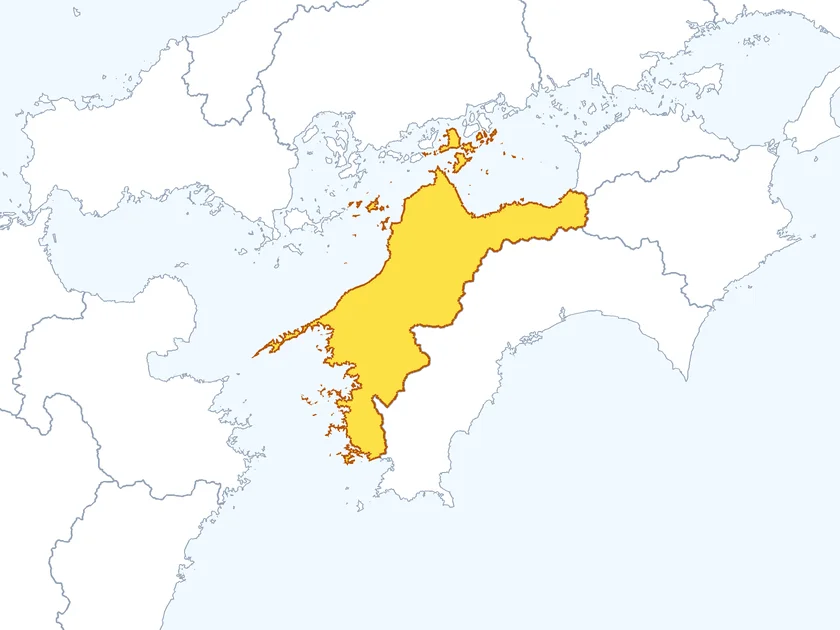 愛媛県の形（黄色でぬられた部分が愛媛県）