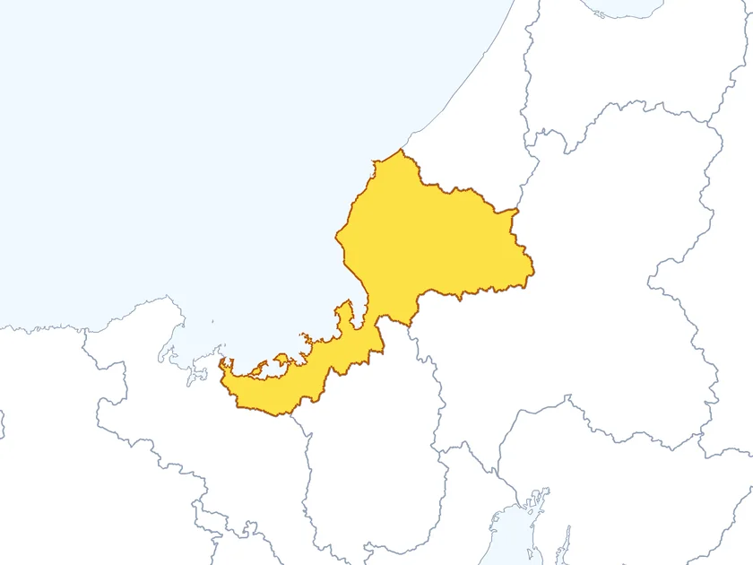 福井県の形（黄色でぬられた部分が福井県）