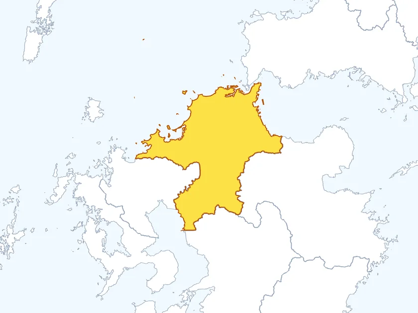 福岡県の形（黄色でぬられた部分が福岡県）