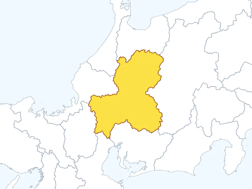 岐阜県の形（黄色でぬられた部分が岐阜県）