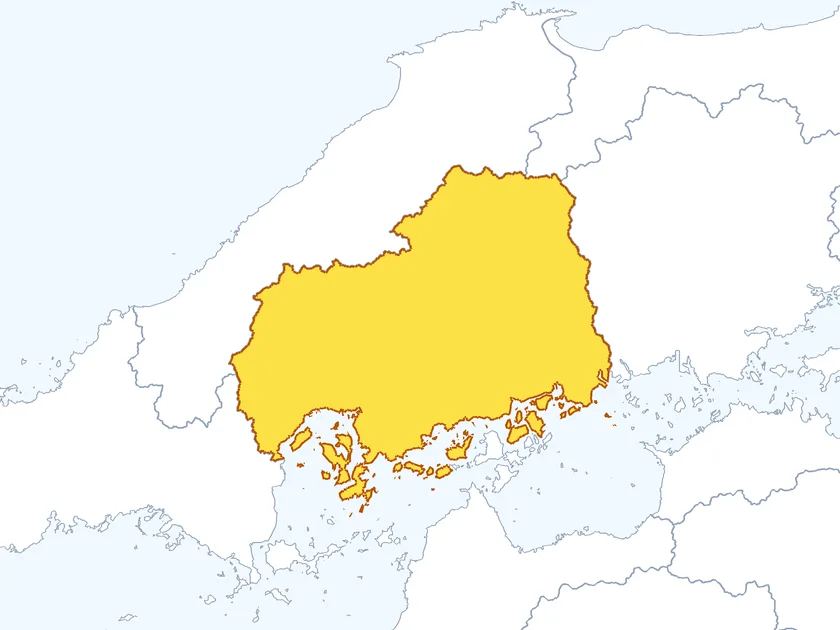 広島県の形（黄色でぬられた部分が広島県）