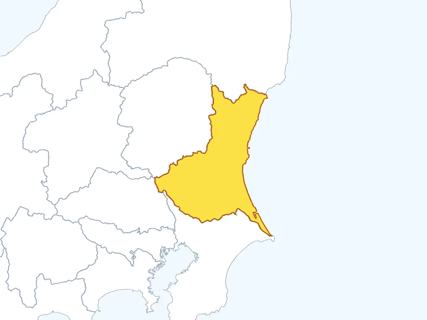 茨城県の形（黄色でぬられた部分が茨城県）