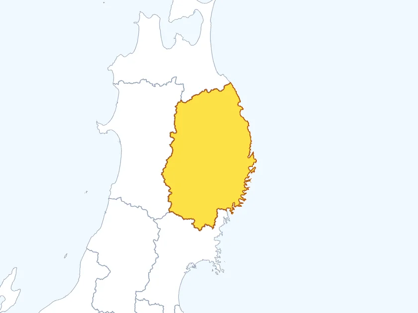 岩手県の形（黄色でぬられた部分が岩手県）