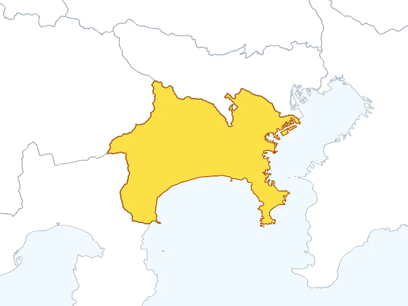 神奈川県の形（黄色でぬられた部分が神奈川県）