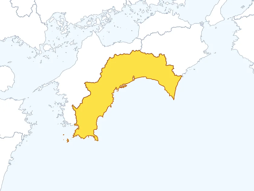 高知県の形（黄色でぬられた部分が高知県）