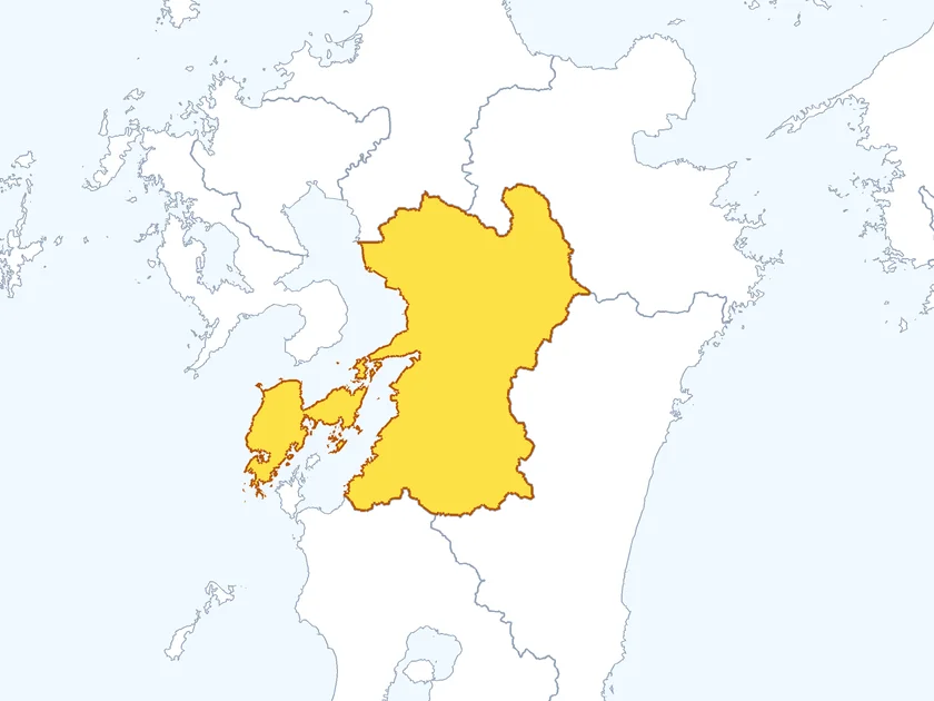熊本県の形（黄色でぬられた部分が熊本県）