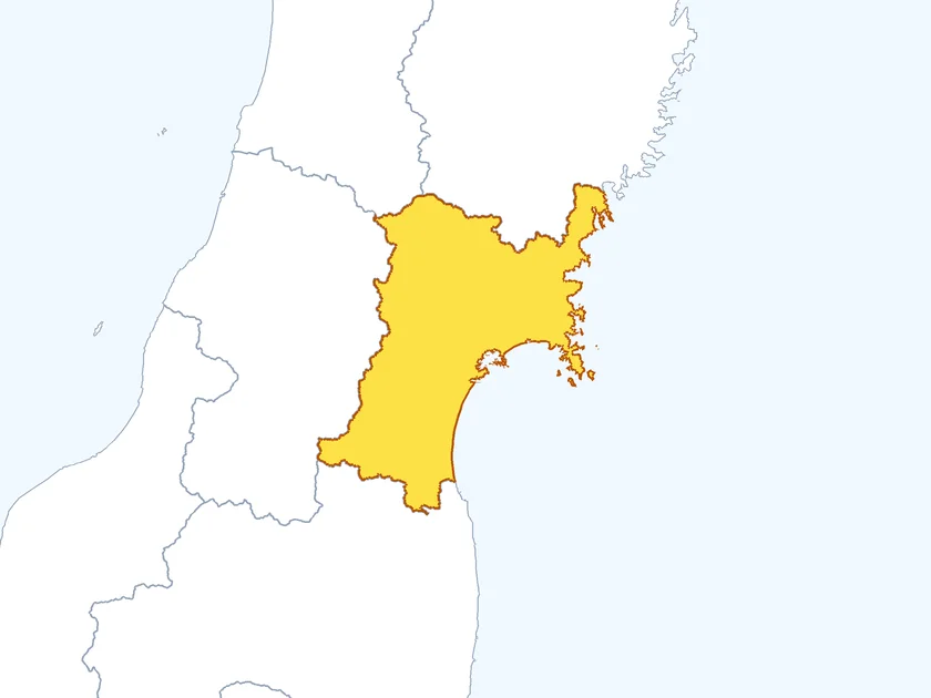 宮城県の形（黄色でぬられた部分が宮城県）