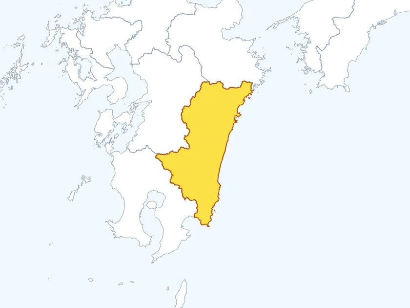 宮崎県の形（黄色でぬられた部分が宮崎県）