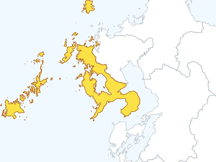 長崎県の形（黄色でぬられた部分が長崎県）