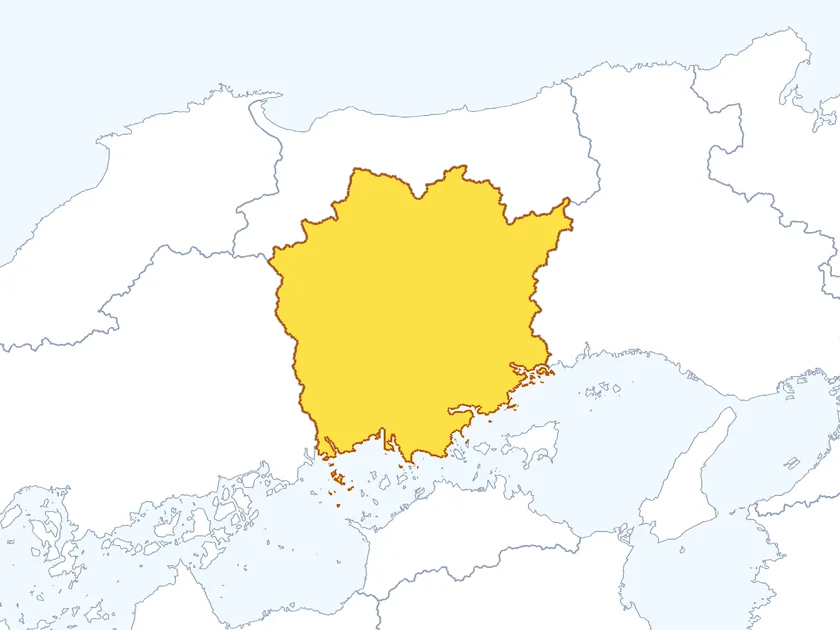 岡山県の形（黄色でぬられた部分が岡山県）