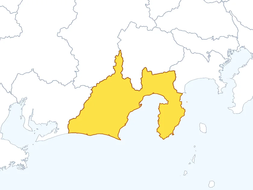 静岡県の形（黄色でぬられた部分が静岡県）