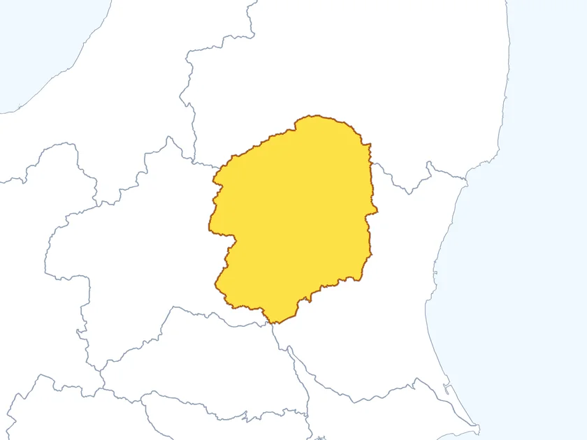 栃木県の形（黄色でぬられた部分が栃木県）