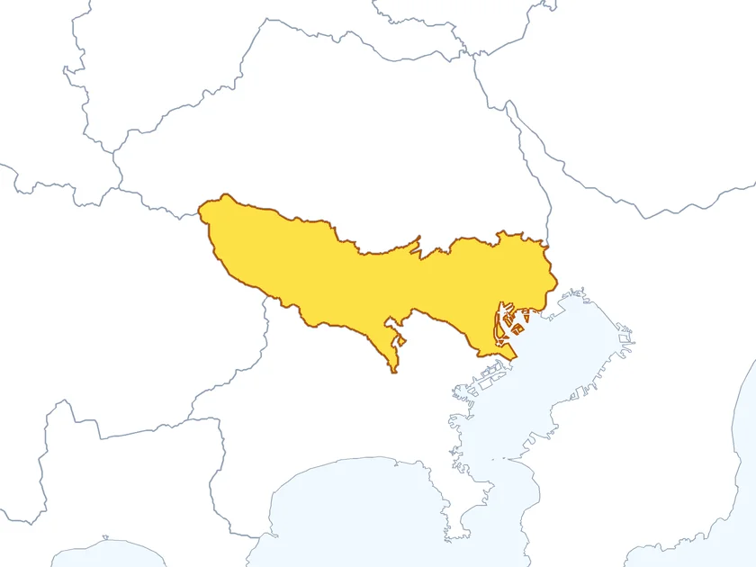 東京都の形（黄色でぬられた部分が東京都）