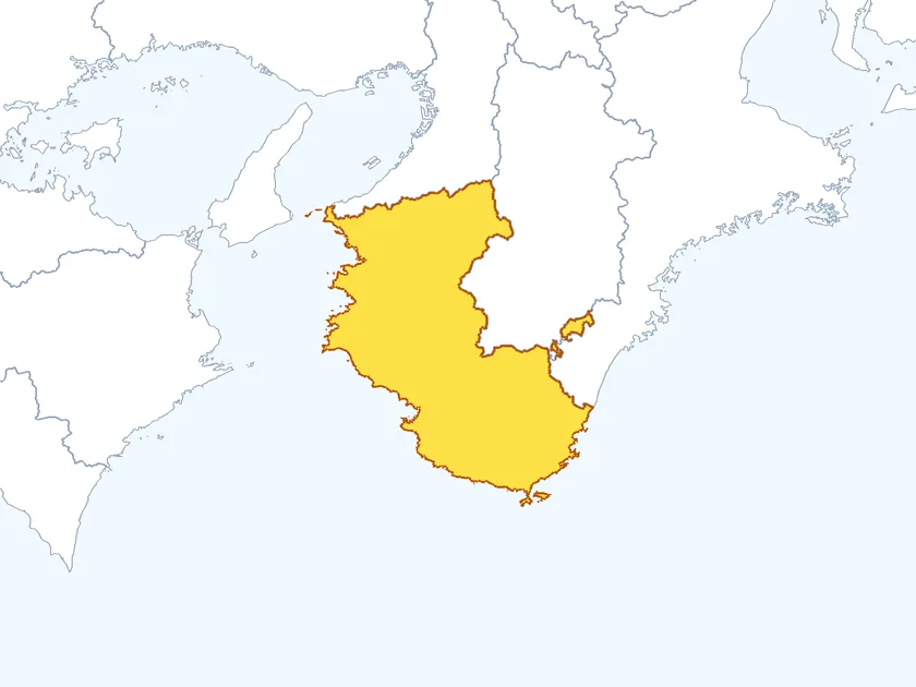 和歌山県の形（黄色でぬられた部分が和歌山県）