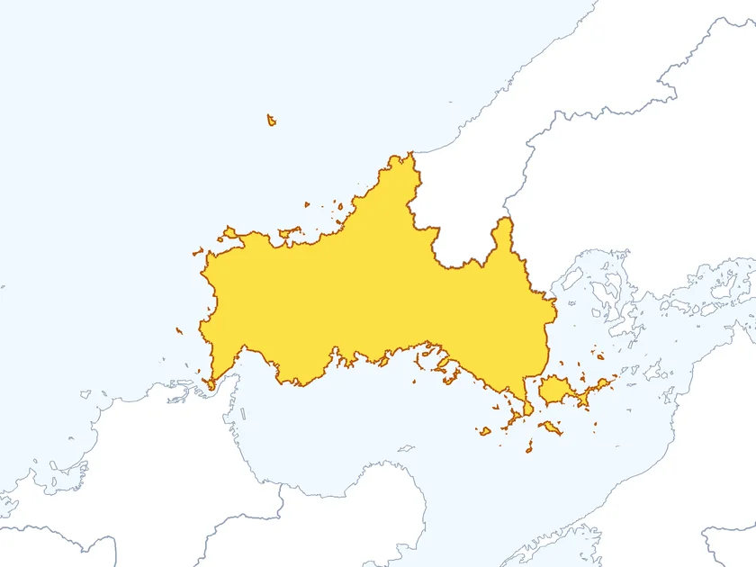 山口県の形（黄色でぬられた部分が山口県）