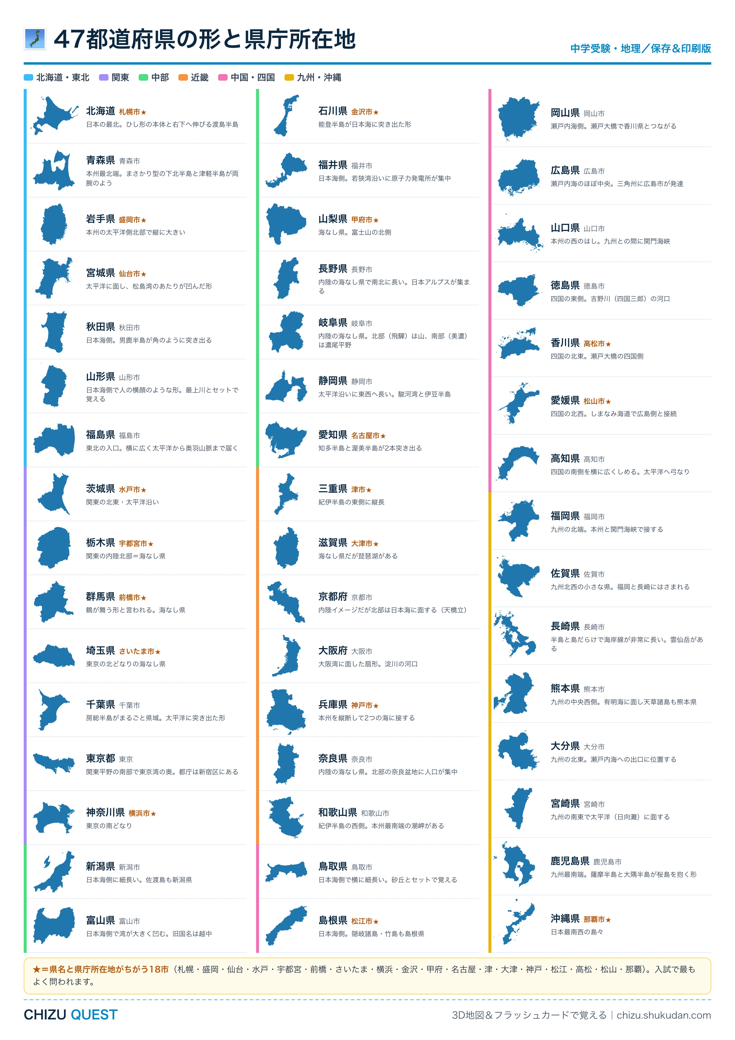 47都道府県の形と県庁所在地をまとめたA4
