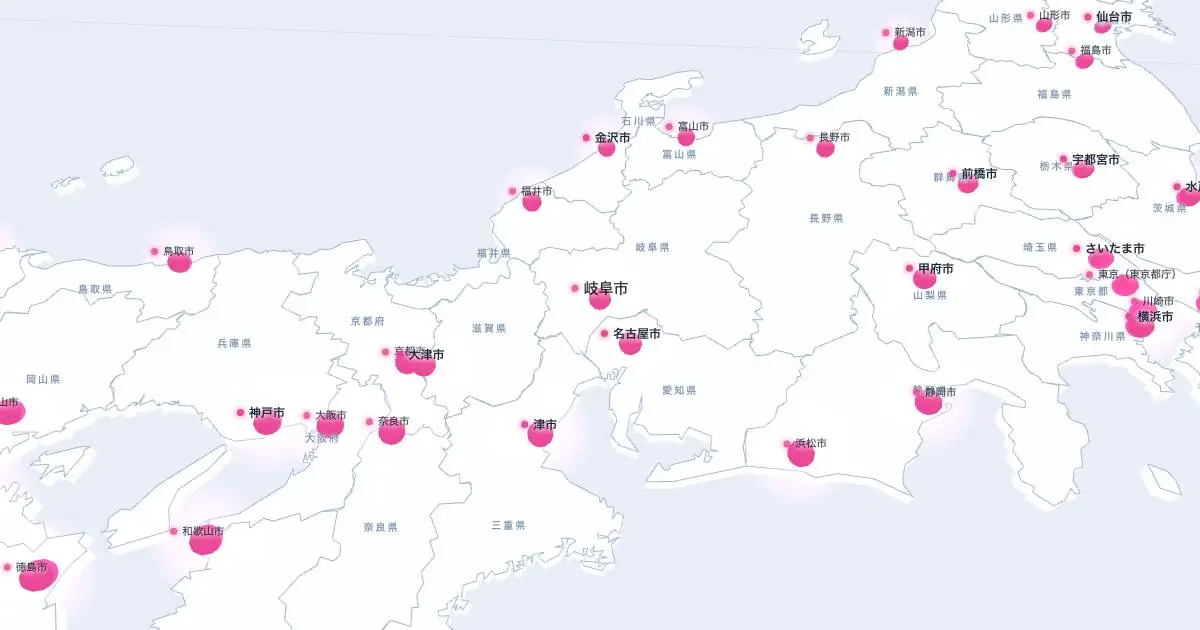 岐阜市の位置を示す3D日本地図