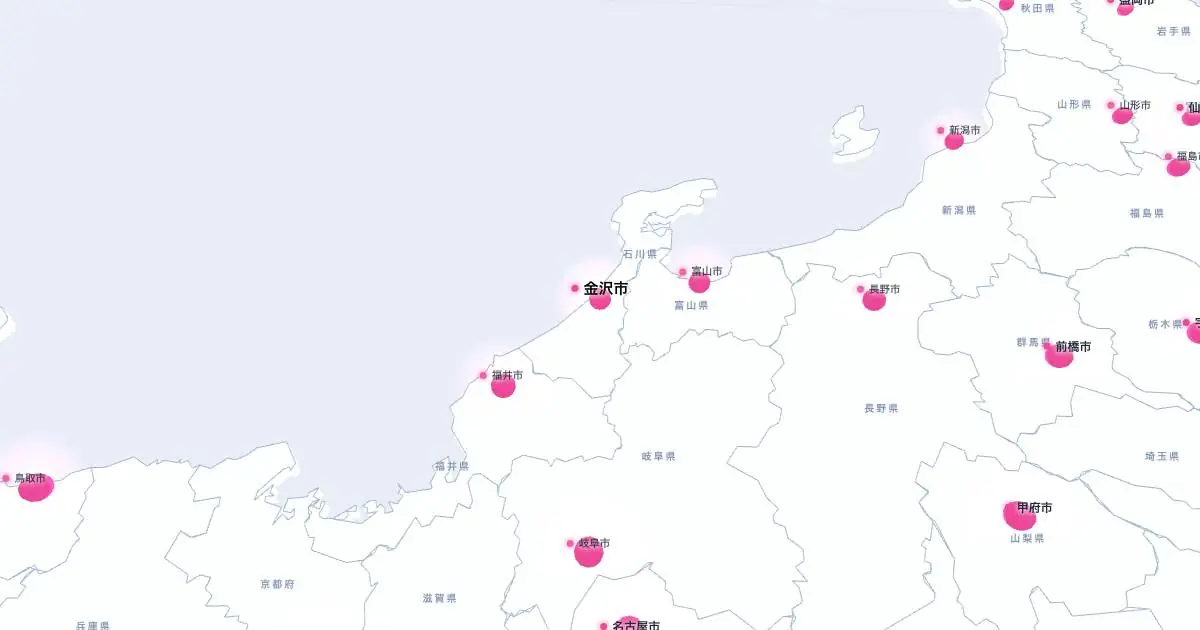 金沢市の位置を示す3D日本地図