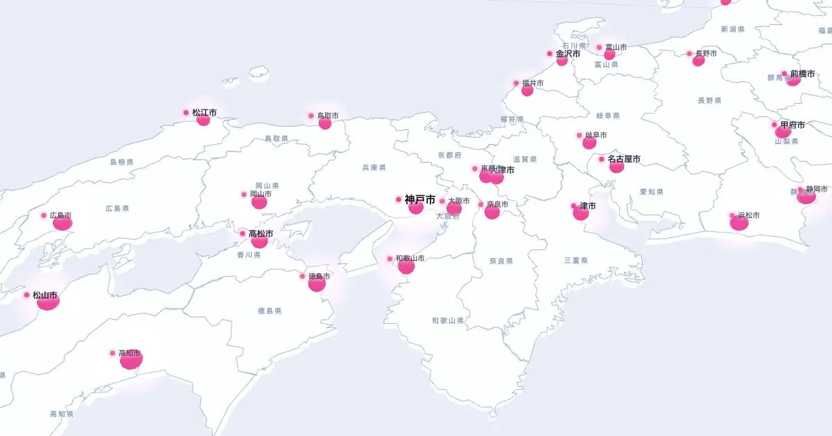 神戸市の位置を示す3D日本地図