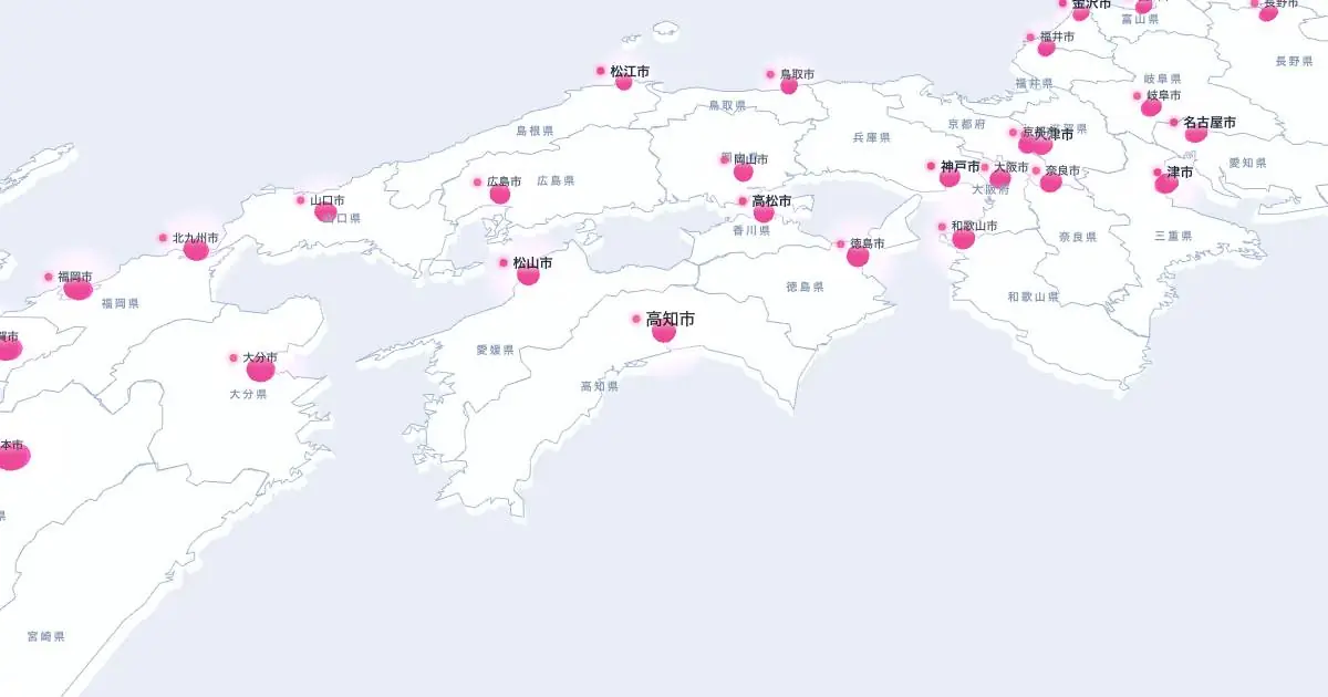 高知市の位置を示す3D日本地図