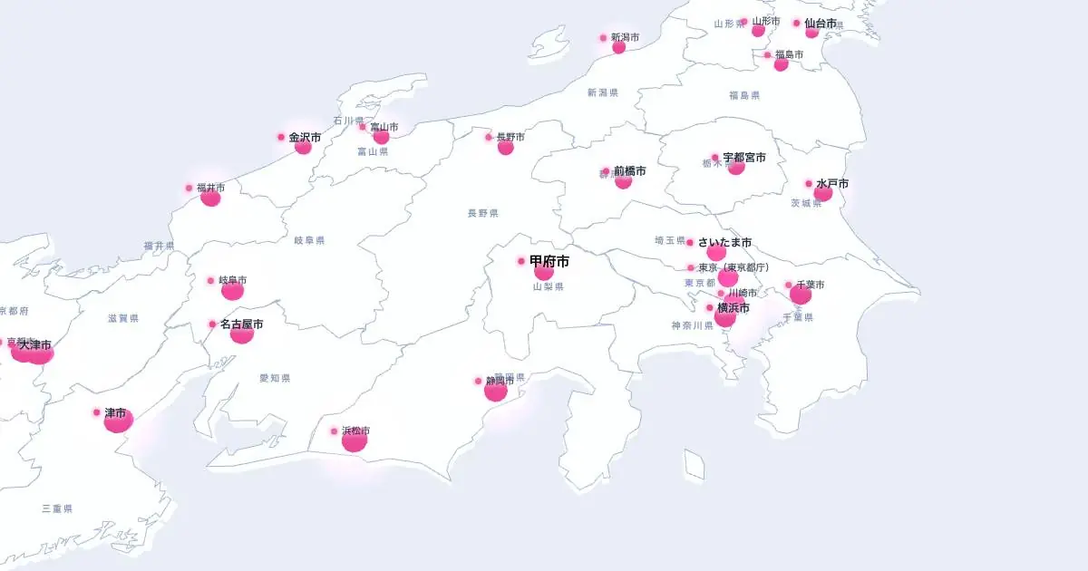 甲府市の位置を示す3D日本地図
