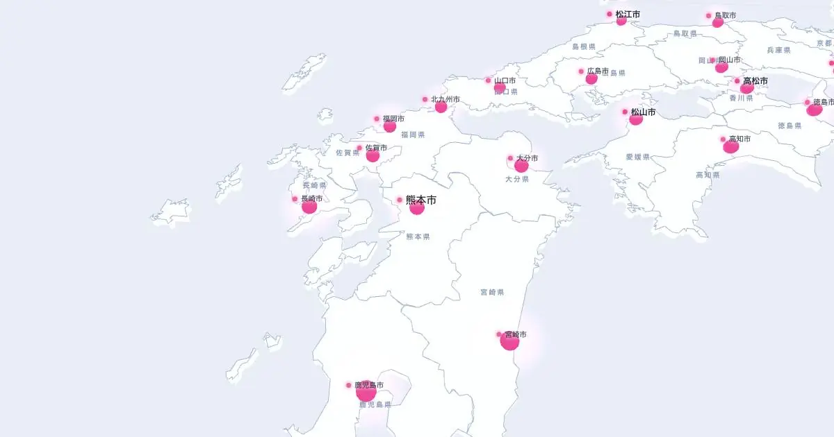 熊本市の位置を示す3D日本地図