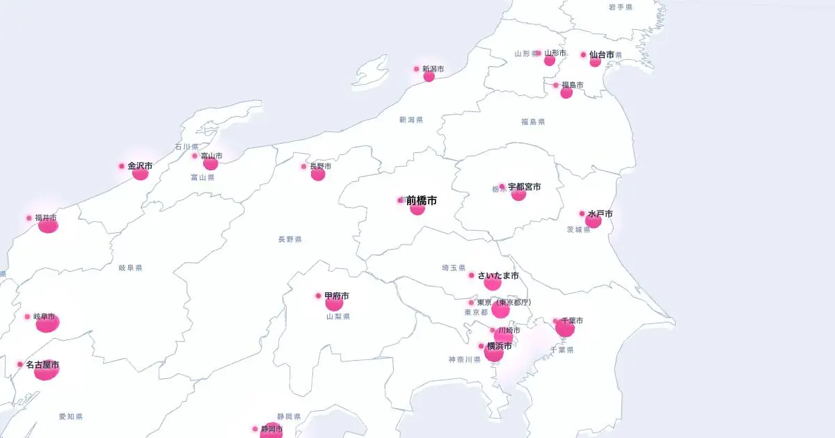 前橋市の位置を示す3D日本地図