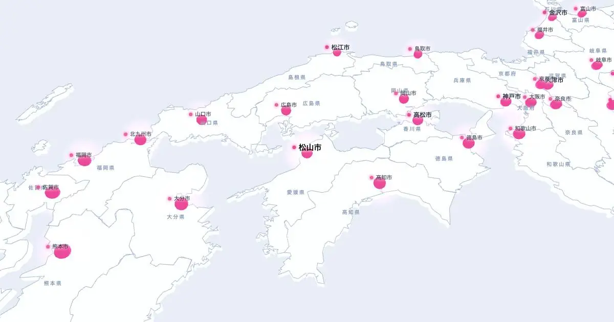 松山市の位置を示す3D日本地図