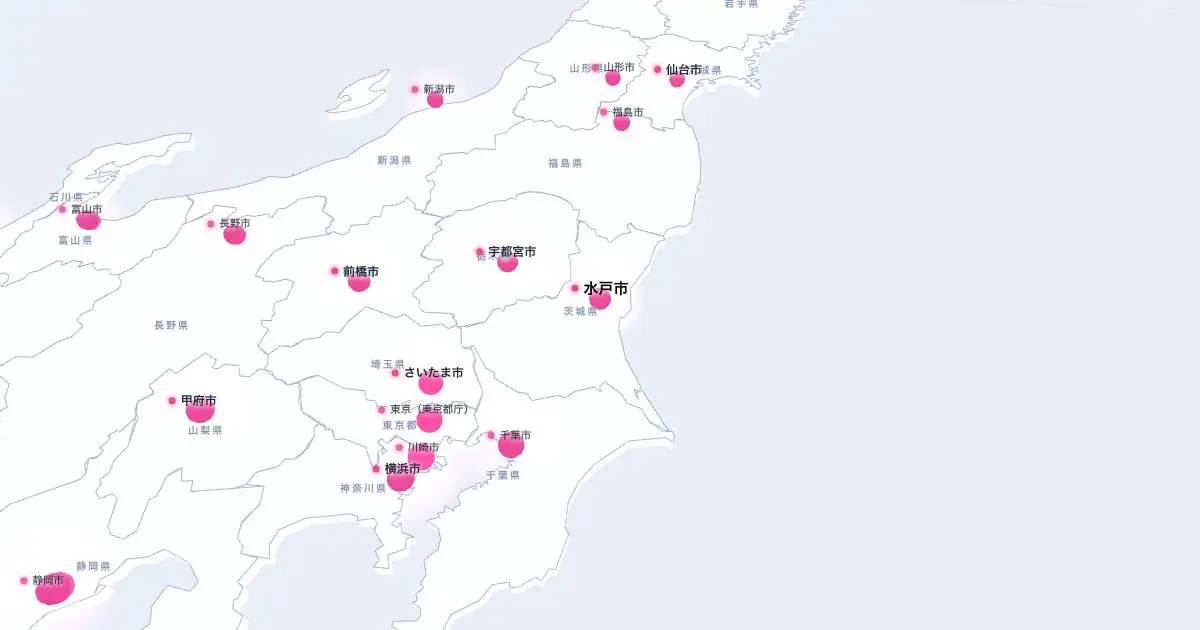 水戸市の位置を示す3D日本地図