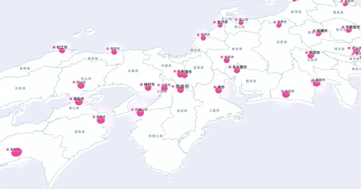 奈良市の位置を示す3D日本地図