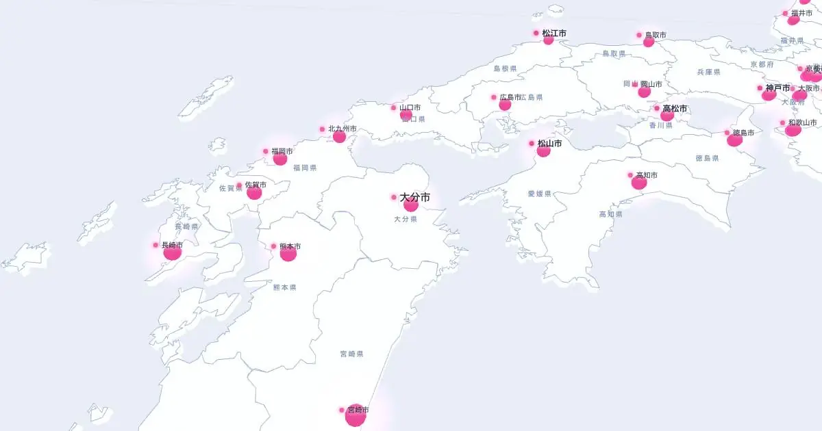 大分市の位置を示す3D日本地図