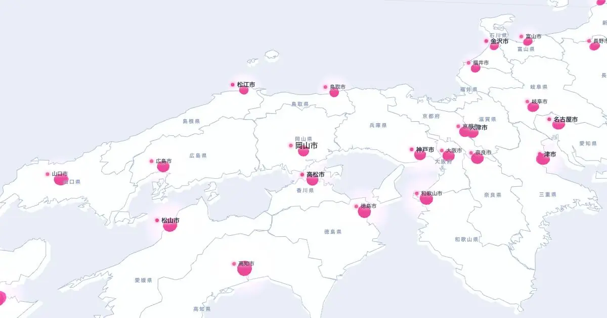 岡山市の位置を示す3D日本地図