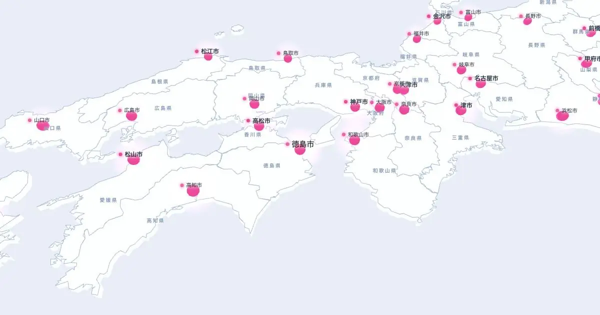 徳島市の位置を示す3D日本地図